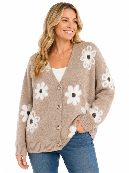 Sweaters - Taupe Floral Button-Front Women's Cardigan Sweater